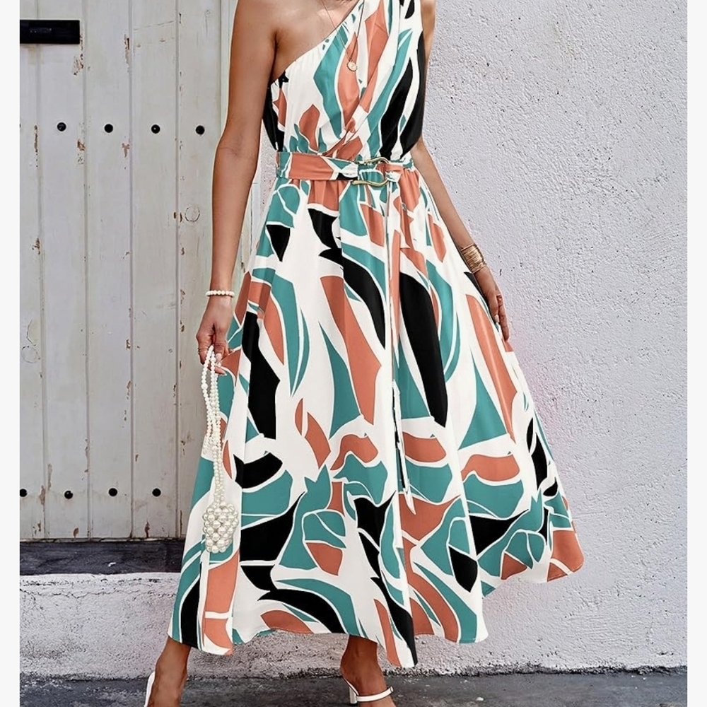 Chic One-Shoulder Abstract Dress Size S